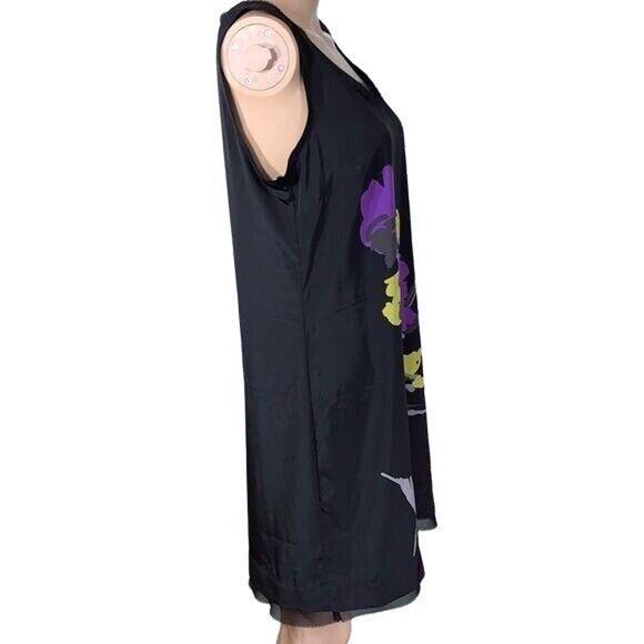 Elle Womens Shift Dress Silky Sleeveless Floral Summer Black Purple Small - Picture 4 of 10